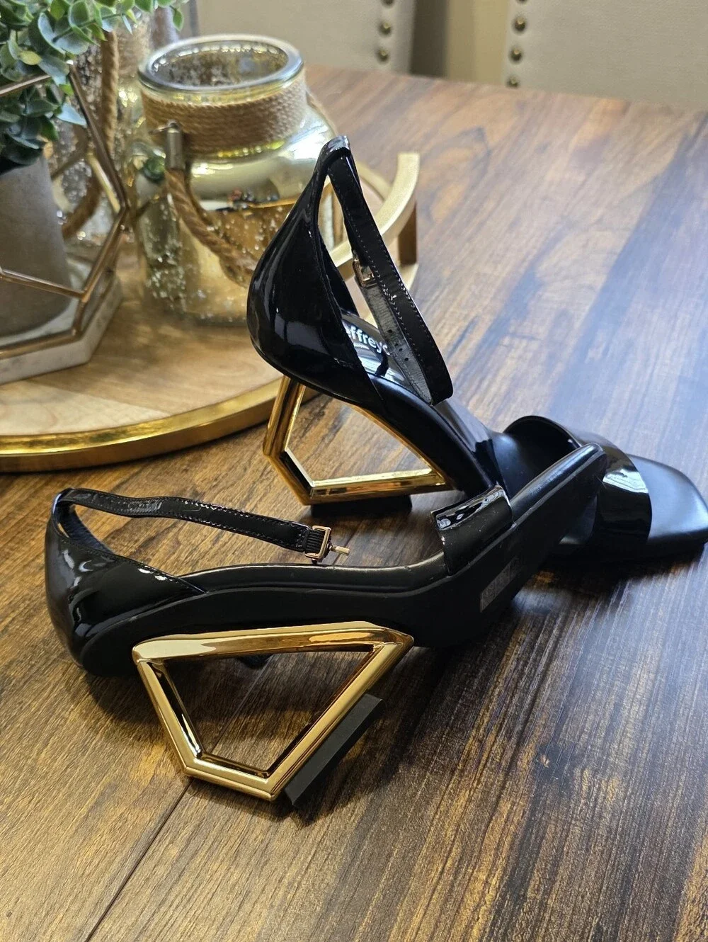 Jeffrey Campbell Black Patent Gold Geometric Heel Sandals